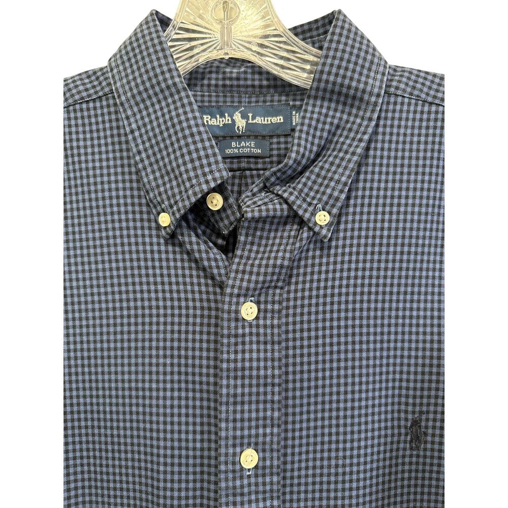 Ralph Lauren Mens Button Down Shirt Blake 100% Cotton Gingham Blue Black Size L